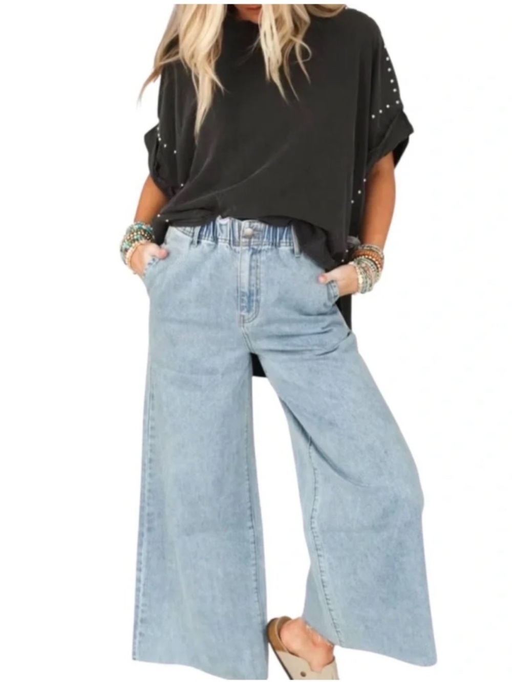 Three Birds Nest Elastic Waist Wide Leg Raw Hem Pant Jeans Size Medium